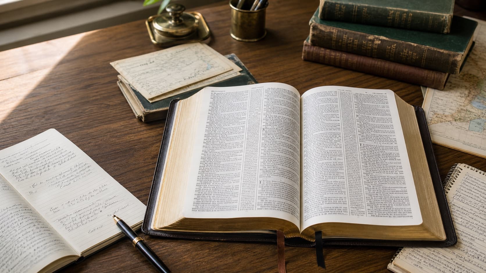 An open Bible, study notes, maps, and reference books arranged on a study desk